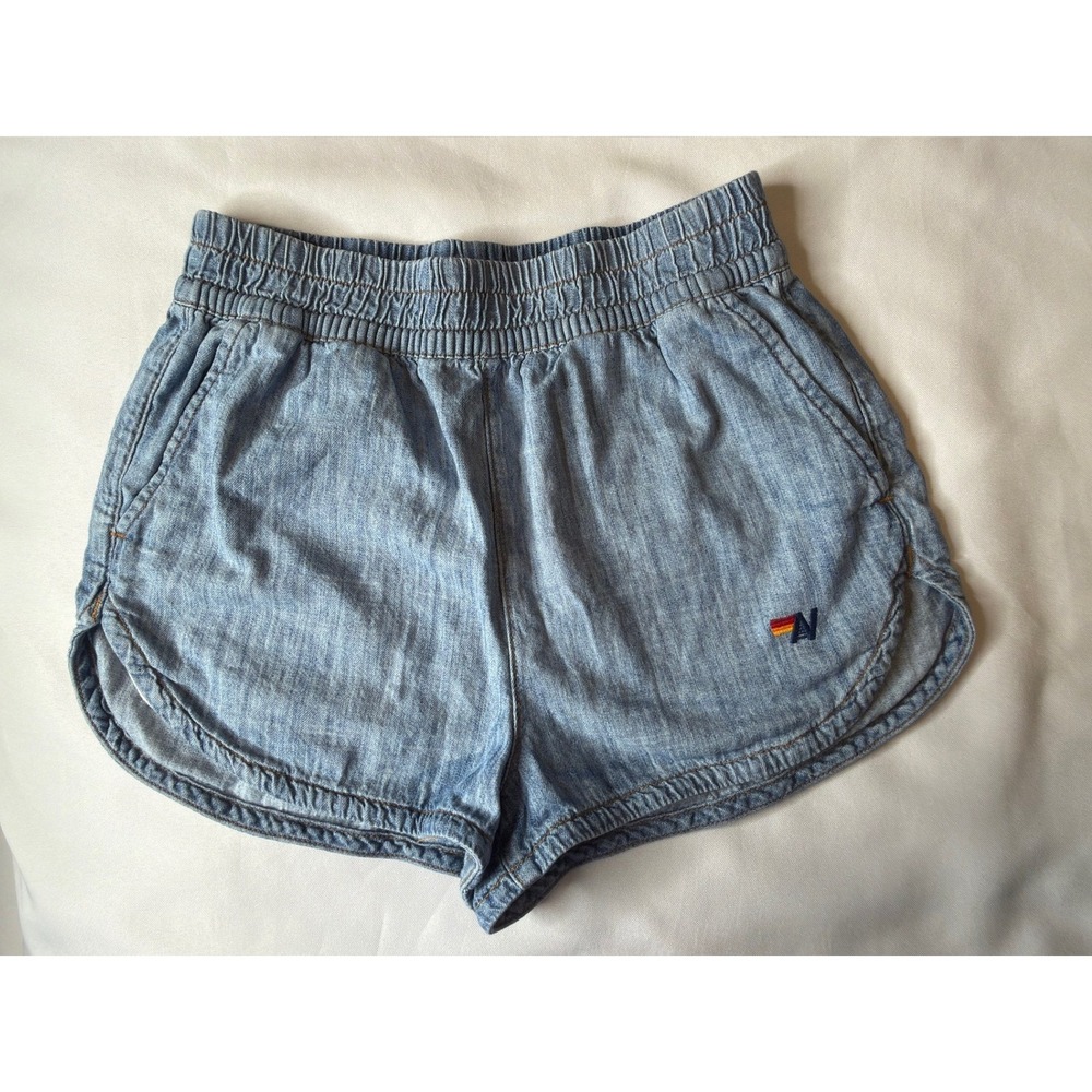Aviator Nation Light Wash Denim Shorts XS Organic Cotton Smocked Waist Logo